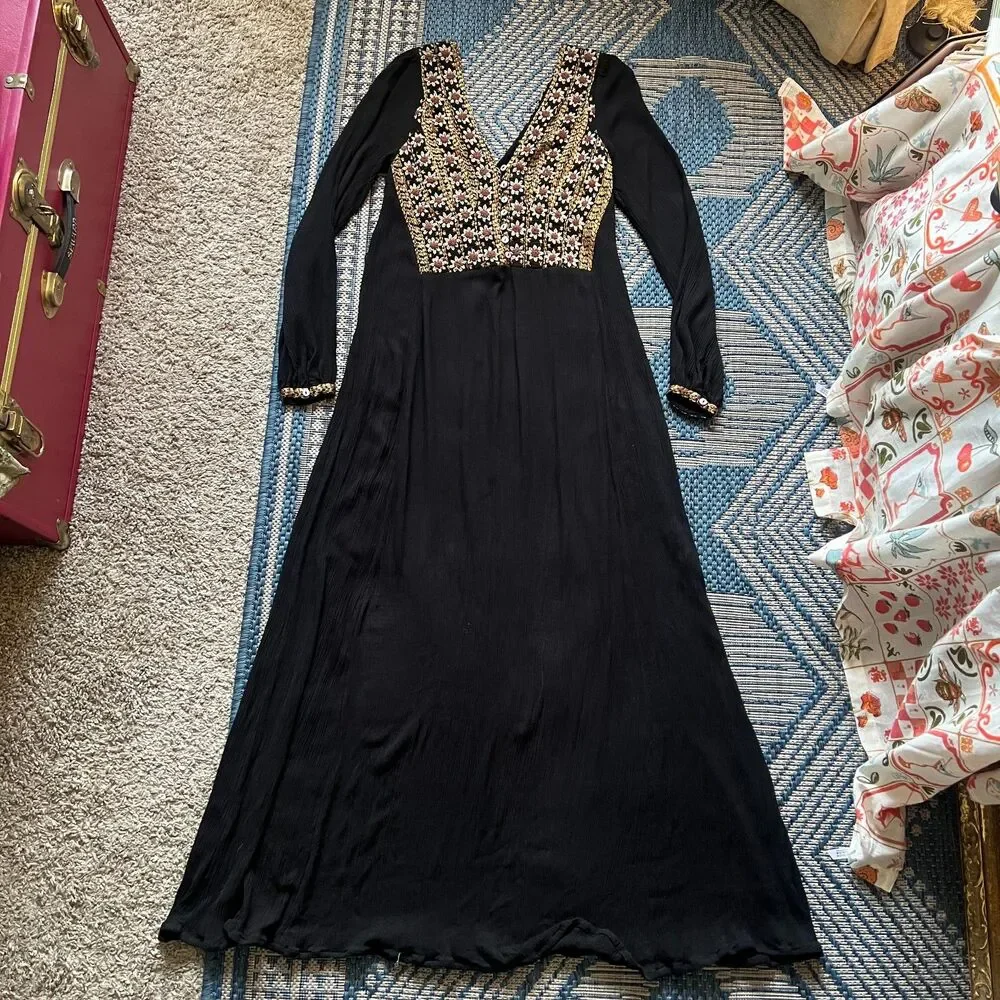 Boho folk embroidered floral romantic goth whimsygoth empire waist midi dress S